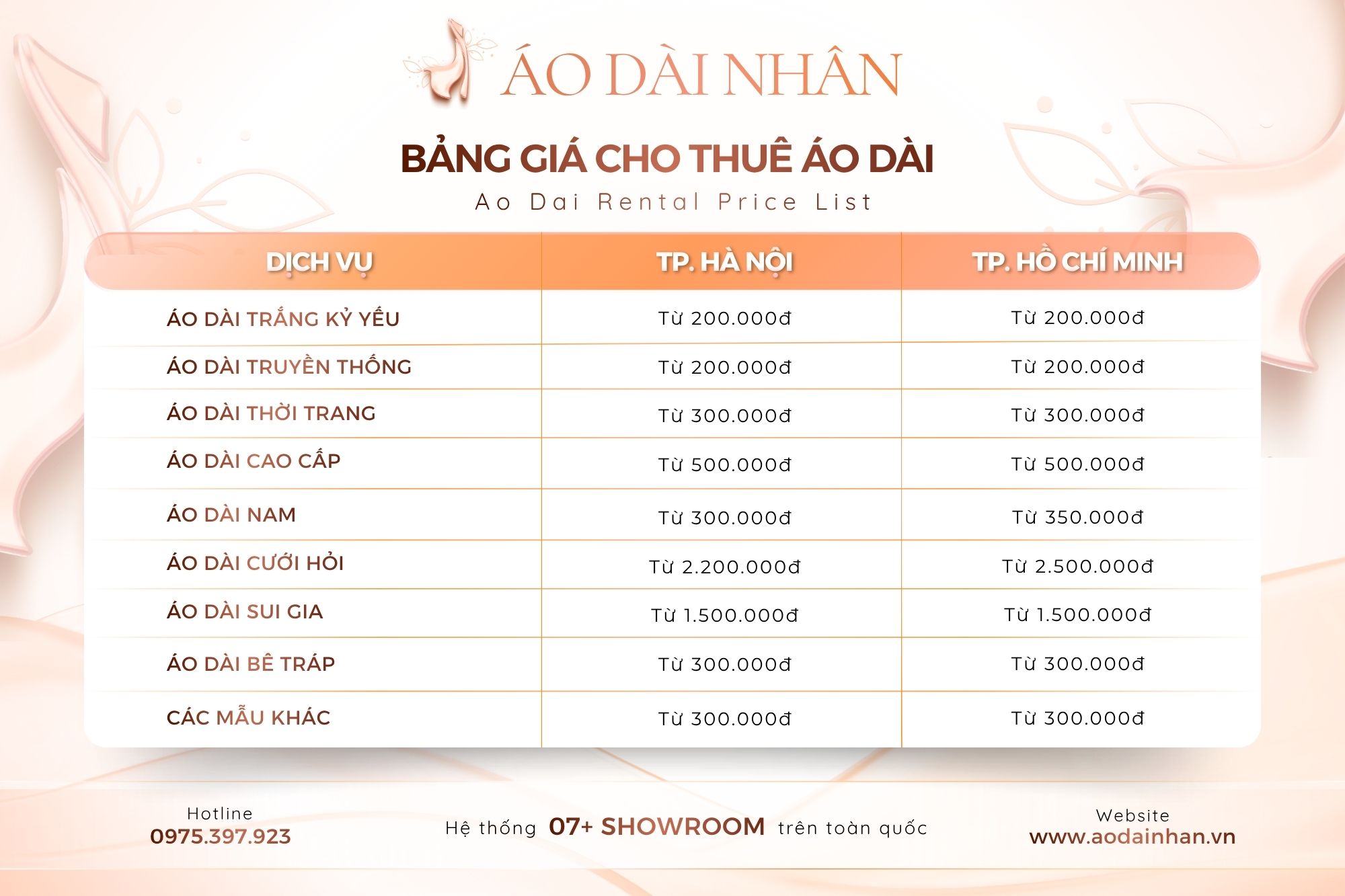 bảng giá cho thuê trang phục áo dài uy tín, chuyên nghiệp, chất lượng