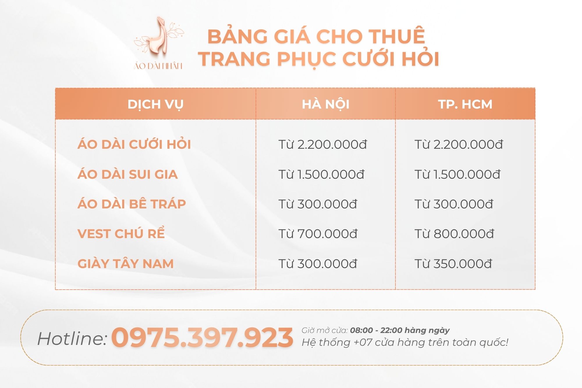 Bảng giá cho thuê áo dài cưới hỏi tại Áo Dài Nhân