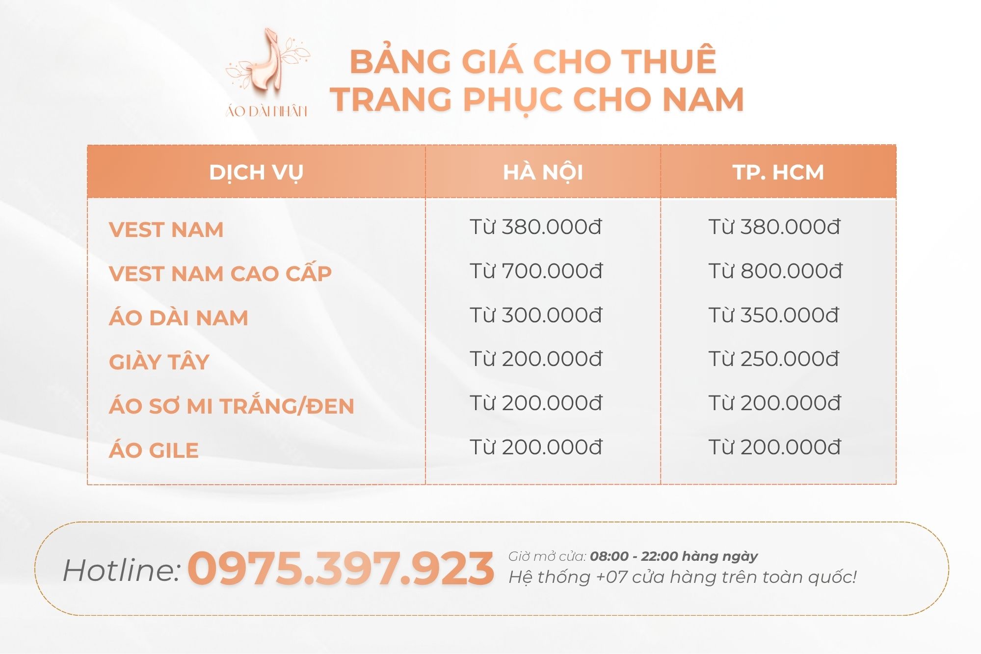 Bảng giá cho thuê vest nam uy tín, chất lượng, giá rẻ tại Áo Dài Nhân
