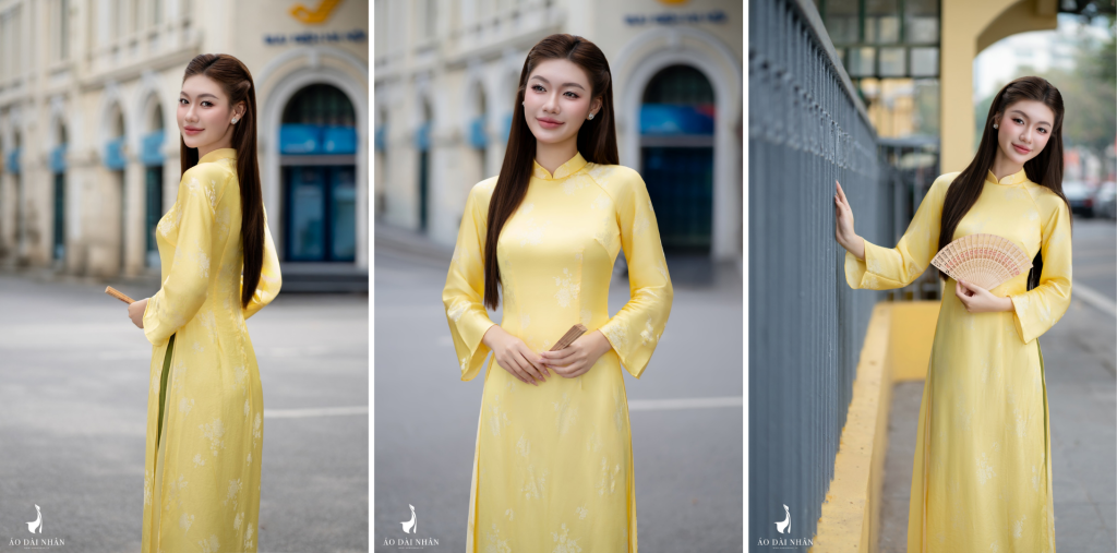 Mẫu Áo Dài Lụa Màu Vàng Chụp Ảnh Dạo Phố Hà Nội Cực Tôn Da