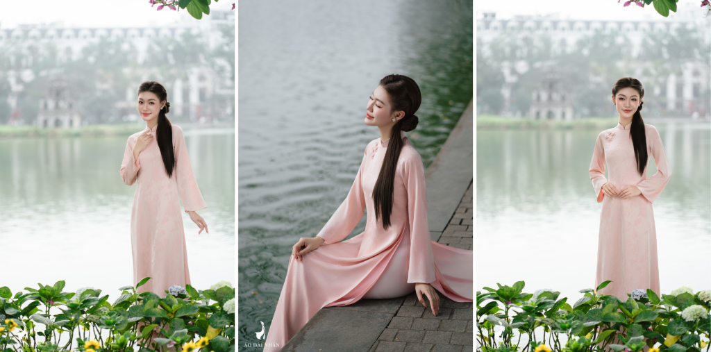 Mẫu Áo Dài Màu Hồng Phấn Chụp Ảnh Dạo Phố Hà Nội Cực Xinh