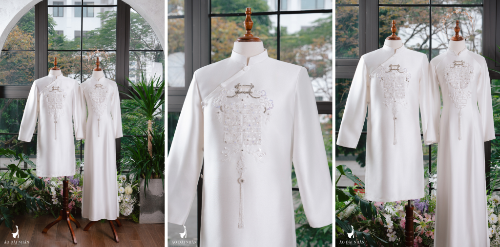 Thiết Kế Áo Dài Cặp Cưới Màu Trắng Đính Kết Song Hỷ Pha Lê