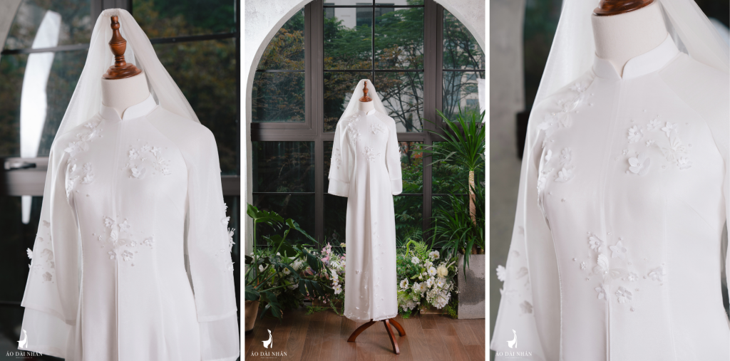 Thiết Kế Áo Dài Cưới Màu Trắng Đính Hoa 3D Cao Cấp