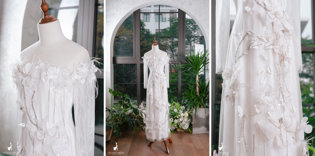 Áo Dài Cưới Ren Màu Trắng Đính Kết 3D Sang Trọng Đột Phá