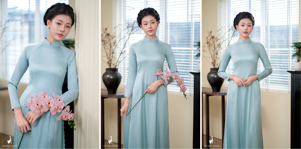 Mẫu Áo Dài Tơ Xanh Ngọc Đính Ngọc Trai Tôn Nét Thanh Tao Khi Chụp Ảnh Ngoại Cảnh